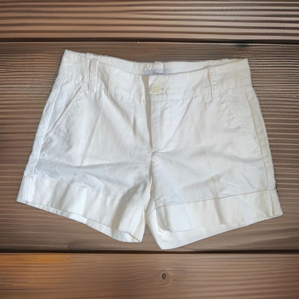 Express Womens Size 0 White Linen Blend Cuffed Shorts Chino Tailored
